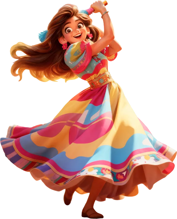 A cheerful woman dancing in a colorful Mexican dress